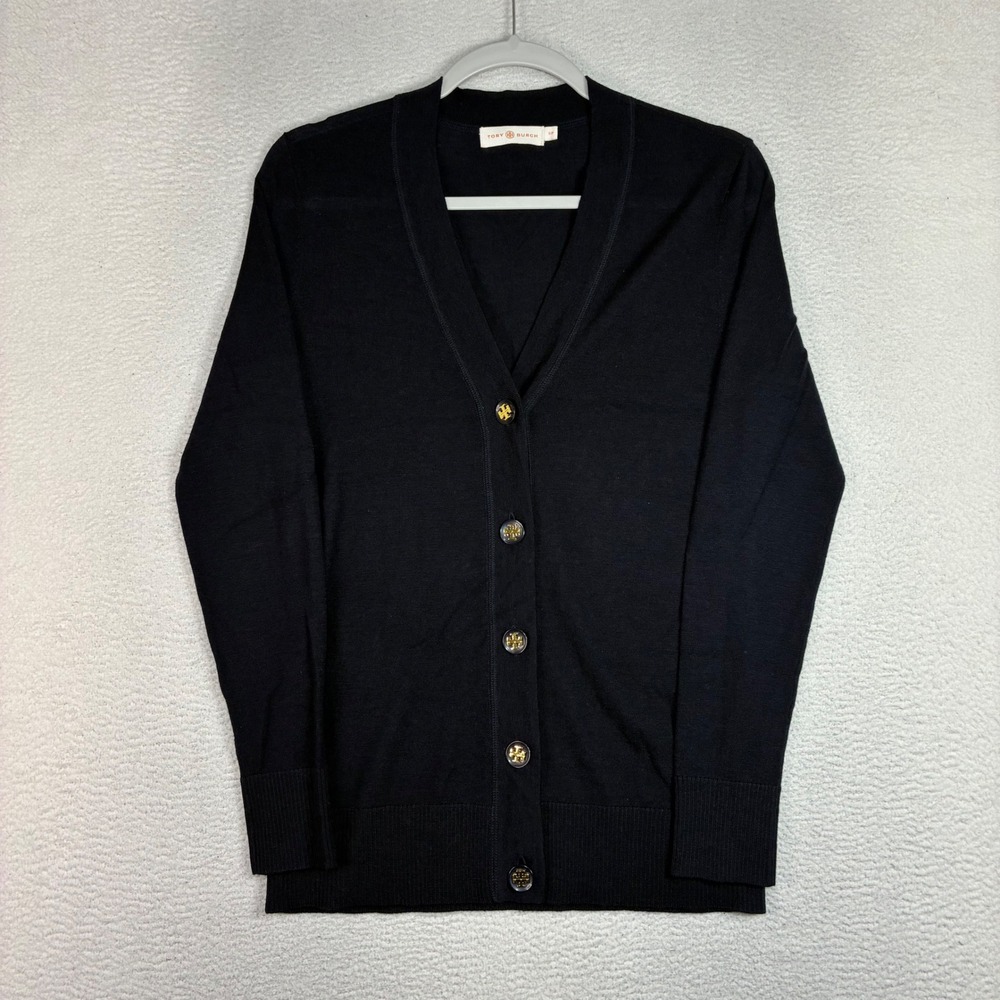 Tory Burch Simone Cardigan Women S Blue Gold Merino Wool Preppy Business Casual